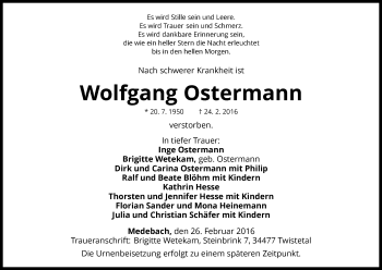 Traueranzeige von Wolfgang Ostermann von Waldeckische Landeszeitung