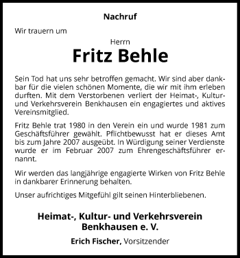 Traueranzeige von Fritz Behle von Waldeckische Landeszeitung