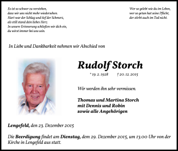 Traueranzeige von Rudolf Storch von Waldeckische Landeszeitung