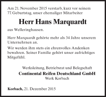 Traueranzeige von Hans Marquardt von Waldeckische Landeszeitung