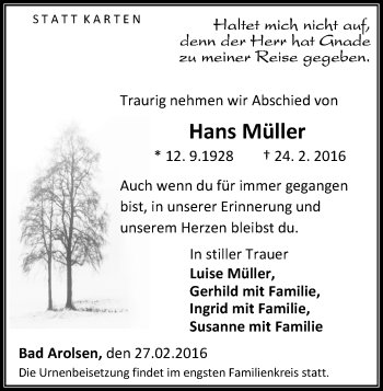 Traueranzeige von Hans Müller von Waldeckische Landeszeitung