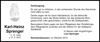 Traueranzeige von Karl-Heinz Sprenger von Waldeckische Landeszeitung