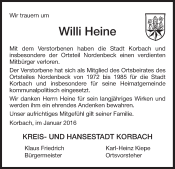 Traueranzeige von Willi Heine von Waldeckische Landeszeitung