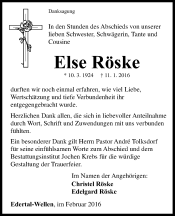 Traueranzeige von Else Röske von Waldeckische Landeszeitung