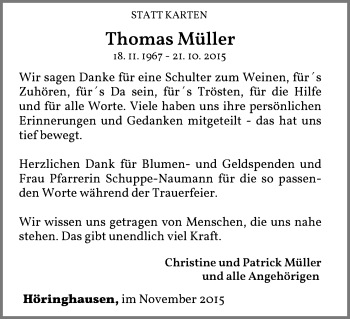 Traueranzeige von Thomas Müller von Waldeckische Landeszeitung