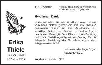 Traueranzeige von Erika Thiele von Waldeckische Landeszeitung