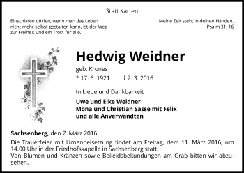 Traueranzeige von Hedwig Weidner von Waldeckische Landeszeitung