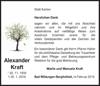 Traueranzeige von Alexander Kraft von Waldeckische Landeszeitung