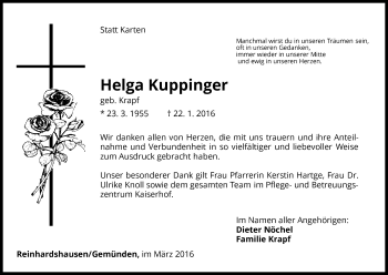 Traueranzeige von Helga Kuppinger von Waldeckische Landeszeitung