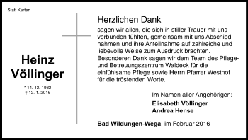 Traueranzeige von Heinz Völlinger von Waldeckische Landeszeitung