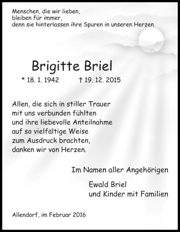 Traueranzeige von Brigitte Briel von Waldeckische Landeszeitung