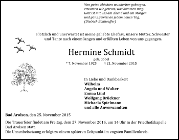 Traueranzeige von Hermine Schmidt von Waldeckische Landeszeitung