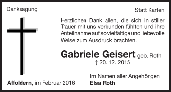 Traueranzeige von Karten Gabriele Geisert von Waldeckische Landeszeitung