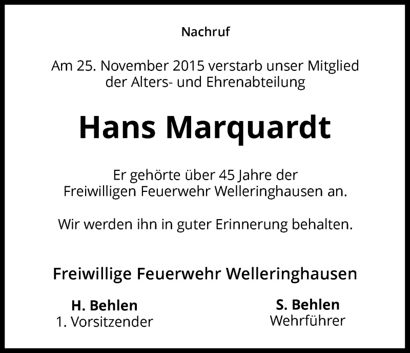  Traueranzeige für Hans Marquardt vom 03.12.2015 aus Waldeckische Landeszeitung