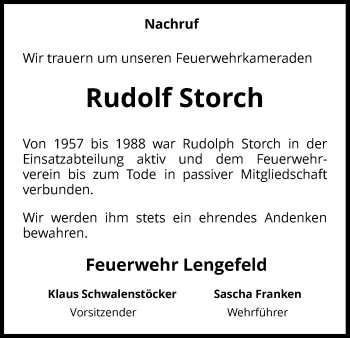 Traueranzeige von Rudolf Storch von Waldeckische Landeszeitung