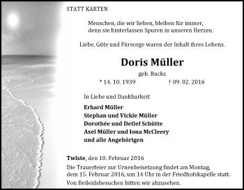 Traueranzeige von Doris Müller von Waldeckische Landeszeitung