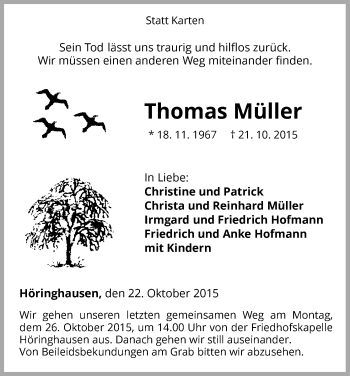 Traueranzeige von Thomas Müller von Waldeckische Landeszeitung