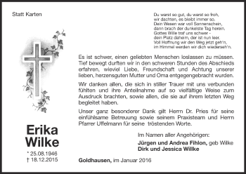 Traueranzeige von Erika Wilke von Waldeckische Landeszeitung