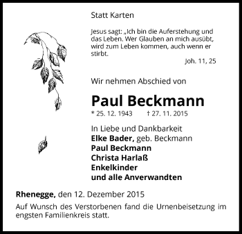 Traueranzeige von Paul Beckmann von Waldeckische Landeszeitung