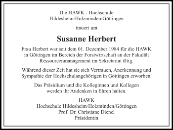 Traueranzeige von Susanne Herbert von Waldeckische Landeszeitung