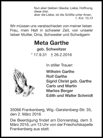 Traueranzeige von Meta Garthe von Waldeckische Landeszeitung