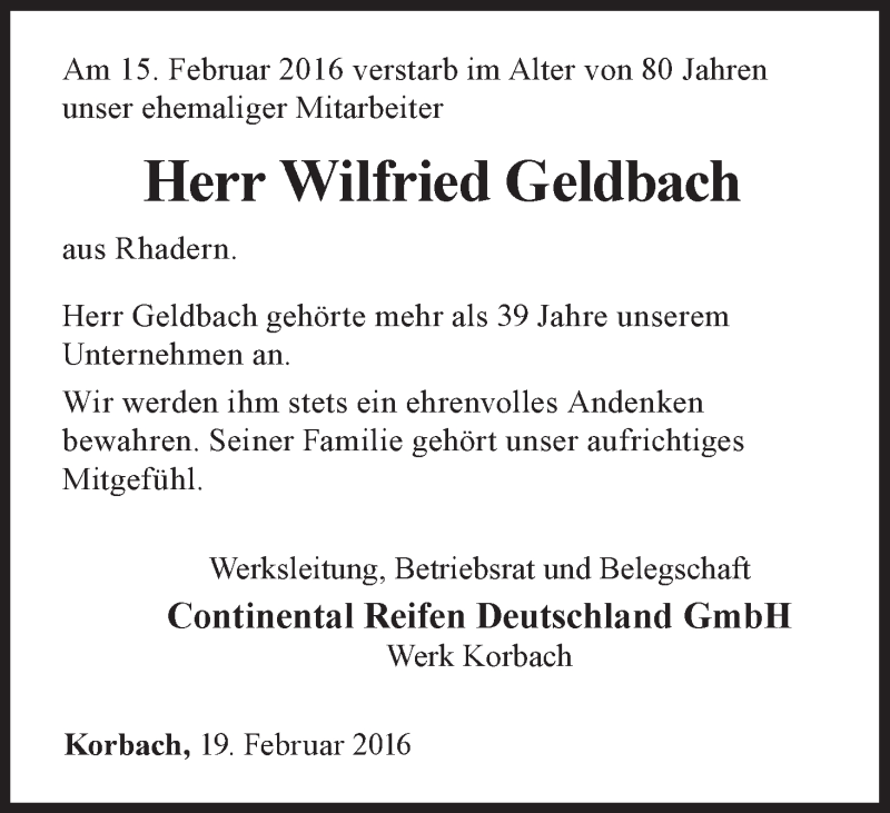  Traueranzeige für Wilfried Geldbach vom 19.02.2016 aus Waldeckische Landeszeitung