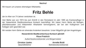 Traueranzeige von Fritz Behle von Waldeckische Landeszeitung