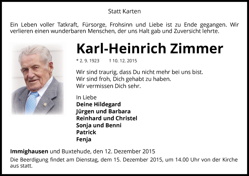  Traueranzeige für Karl-Heinrich Zimmer vom 12.12.2015 aus Waldeckische Landeszeitung
