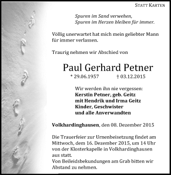 Traueranzeige von Paul Gerhard Petner von Waldeckische Landeszeitung