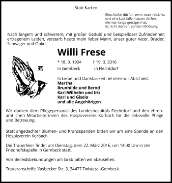 Traueranzeige von Willi Frese von Waldeckische Landeszeitung