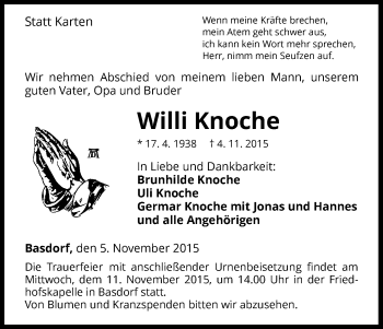 Traueranzeige von Willi Knoche von Waldeckische Landeszeitung