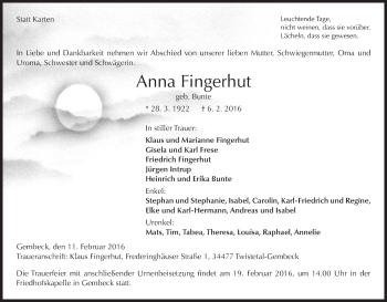 Traueranzeige von Anna Fingerhut von Waldeckische Landeszeitung