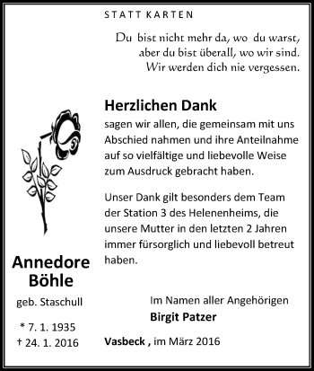 Traueranzeige von Annedore Böhle von Waldeckische Landeszeitung