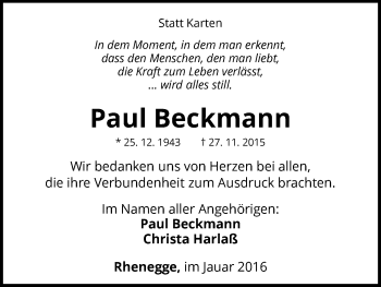 Traueranzeige von Paul Beckmann von Waldeckische Landeszeitung