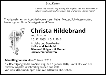 Traueranzeige von Christa Hildebrand von Waldeckische Landeszeitung