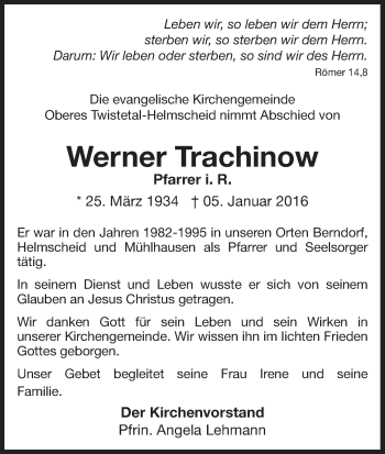 Traueranzeige von Werner Trachinow von Waldeckische Landeszeitung