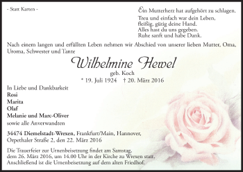 Traueranzeige von Wilhelmine Hewel von Waldeckische Landeszeitung