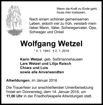 Traueranzeige von Wolfgang Wetzel von Waldeckische Landeszeitung