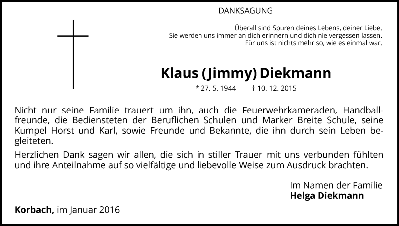  Traueranzeige für Klaus Diekmann vom 08.01.2016 aus Waldeckische Landeszeitung
