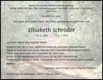 Traueranzeige von Elisabeth Schröder von Waldeckische Landeszeitung