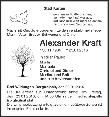 Traueranzeige von Alexander Kraft von Waldeckische Landeszeitung