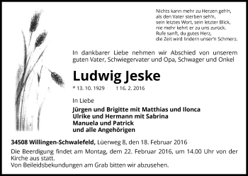 Traueranzeige von Ludwig Jeske von Waldeckische Landeszeitung