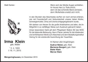 Traueranzeige von Irma Klein von Waldeckische Landeszeitung