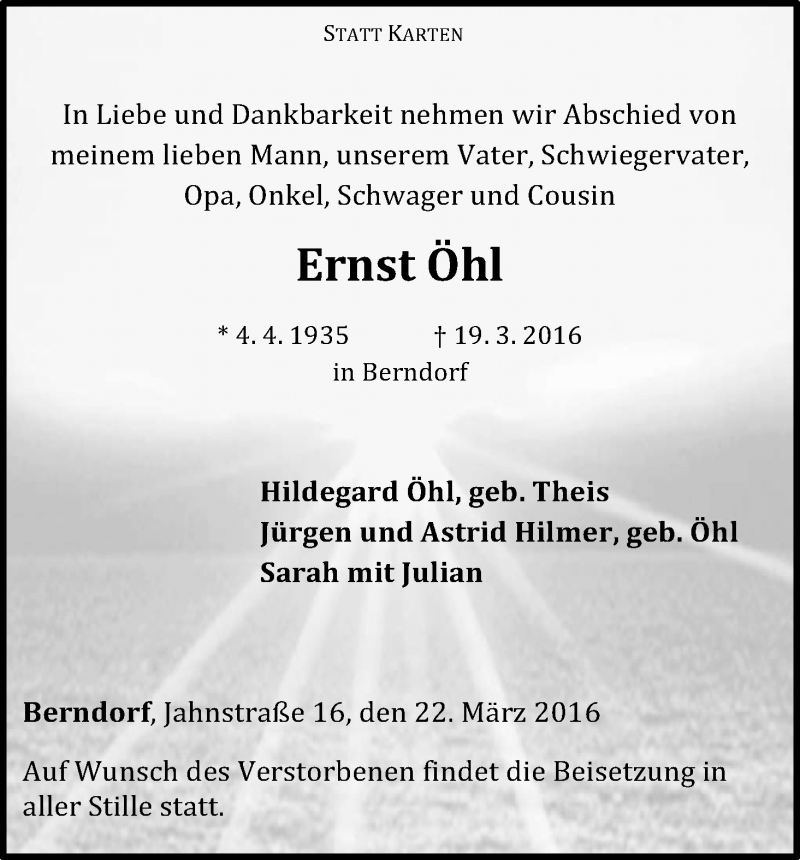  Traueranzeige für Ernst Öhl vom 22.03.2016 aus Waldeckische Landeszeitung