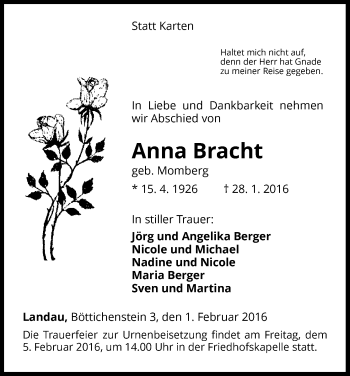 Traueranzeige von Anna Bracht von Waldeckische Landeszeitung