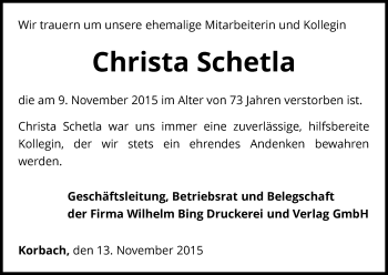 Traueranzeige von Christa Schetla von Waldeckische Landeszeitung