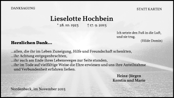 Traueranzeige von Lieselotte Hochbein von Waldeckische Landeszeitung