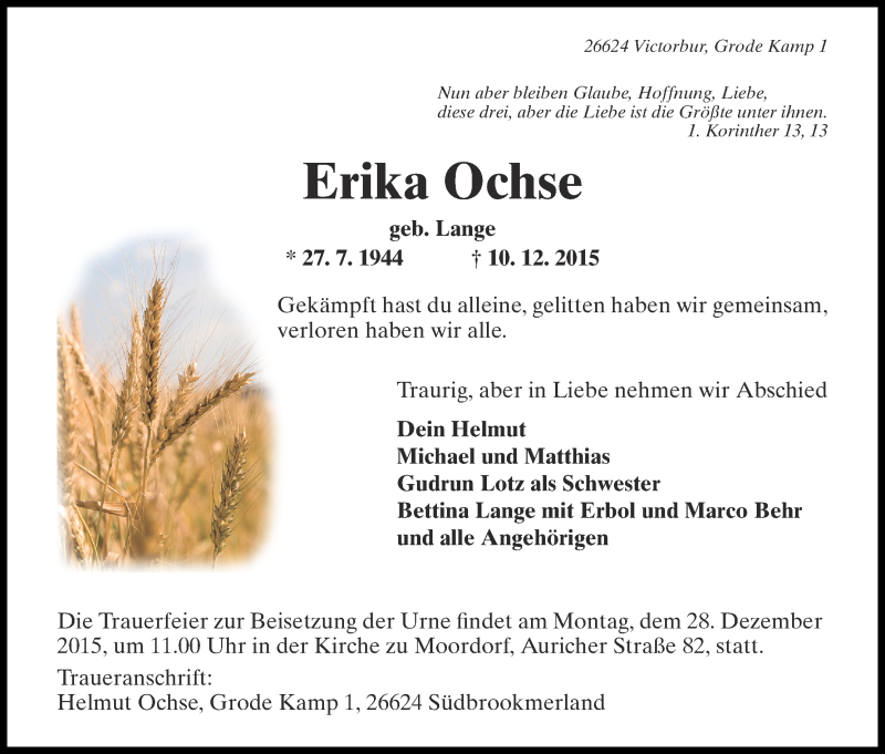  Traueranzeige für Erika Ochse vom 23.12.2015 aus Waldeckische Landeszeitung