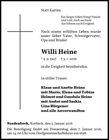 Traueranzeige von Willi Heine von Waldeckische Landeszeitung