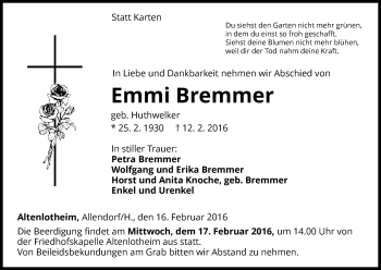 Traueranzeige von Emmi Bremmer von Waldeckische Landeszeitung